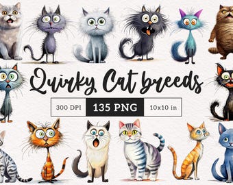 Imágenes prediseñadas de razas de gatos extravagantes, razas de gatitos caprichosos, imágenes prediseñadas de sublimación, gatos lindos, gráficos extravagantes, ilustraciones divertidas, regalo para amantes de los gatos, felino