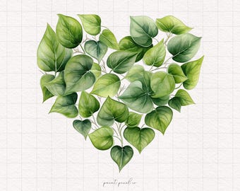 20 Foliage Hearts PNG Green Heart Clipart Valentine Watercolor leaves Sublimation Paper Crafting Junk Journal Kit Printable Wedding foliage