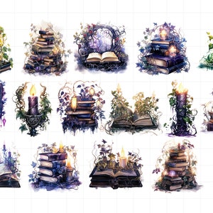 K&ouml;nnte beinhalten: Eine Sammlung von 15 digitalen Illustrationen mit B&uuml;cherstapeln, ge&ouml;ffneten B&uuml;chern und Kerzen mit Ranken und Bl&auml;ttern. Die Illustrationen sind im Aquarellstil gehalten und in einem Lila- und Gr&uuml;nton gehalten.