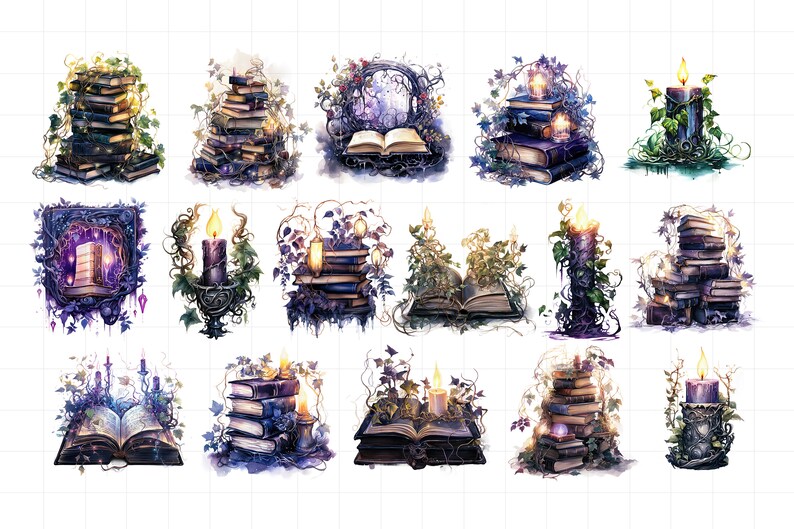 K&ouml;nnte beinhalten: Eine Sammlung von 15 digitalen Illustrationen mit B&uuml;cherstapeln, ge&ouml;ffneten B&uuml;chern und Kerzen mit Ranken und Bl&auml;ttern. Die Illustrationen sind im Aquarellstil gehalten und in einem Lila- und Gr&uuml;nton gehalten.