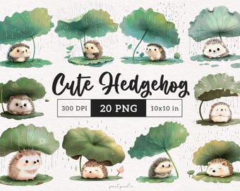 Cute Hedgehog under a leaf canopy clipart Whimsical Hedgehog PNG Sublimation clip art illustrations Whimsy Hedgehog lover Card making