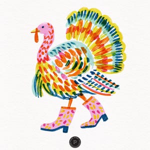 Pode incluir: Uma ilustração colorida de um peru com cabeça e pescoço cor-de-rosa, apresentando uma cauda vibrante em forma de leque e um corpo pintado com pinceladas laranja, amarelas, azuis e verdes. O peru usa galochas cor-de-rosa com manchas amarelas e laranja.