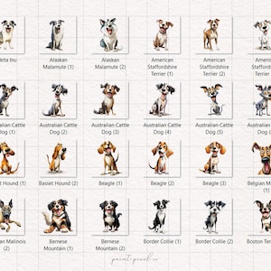 May include: A chart of 24 different dog breeds, each illustrated with a cartoon-style drawing of a dog. The breeds are labeled with their names and numbers, such as "Akita Inu", "Alaskan Malamute (1)", "Australian Cattle Dog (1)", and "Basset Hound (1)".