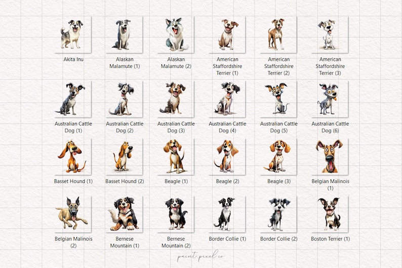 May include: A chart of 24 different dog breeds, each illustrated with a cartoon-style drawing of a dog. The breeds are labeled with their names and numbers, such as "Akita Inu", "Alaskan Malamute (1)", "Australian Cattle Dog (1)", and "Basset Hound (1)".