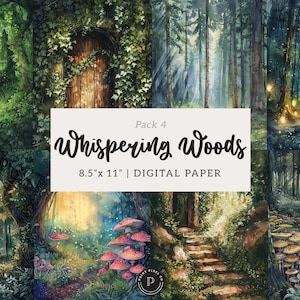 Può includere: Pacchetto di carta digitale con illustrazioni ad acquerello di scene di foresta. Le immagini includono sentieri, funghi e una porta di legno. Il testo sull'immagine recita "Pack 4 Whispering Woods 8.5" x 11" | DIGITAL PAPER."