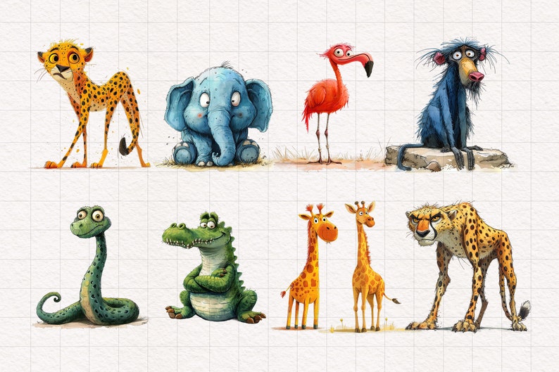 May include: A digital illustration of a variety of cartoon animals, including a cheetah, elephant, flamingo, monkey, snake, crocodile, and giraffe. The animals are drawn in a whimsical style with bright colors and expressive features.