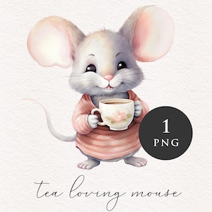 Mouse drinking tea PNG clipart vintage animal Clip art nursery adorable rodent graphics woodland PNGs Sublimation Card making Journaling