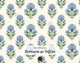 Boho Ethnic Blue Floral Seamless Pattern Botanical Flower Cottagecore Folk Art Background (Commercial Use) (Digital Download)