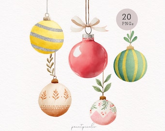 Puede incluir: Ilustración en acuarela de cinco adornos navideños. Los adornos son de varios colores, incluyendo amarillo con rayas plateadas, rojo, verde con rayas amarillas y blanco con patrones marrones y rosas. Una burbuja de texto dice "20 PNGs".