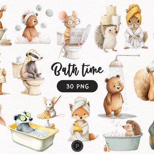 May include: A collection of watercolor illustrations featuring animals in bathroom settings, including a deer in a tub, a bear with a sign, a mouse reading on a toilet, a hedgehog with toilet paper, and a fox in a towel. Text reads Bath time 30 PNG.