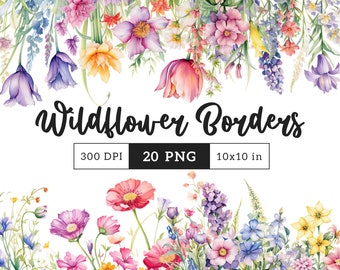 May include: A collection of 20 watercolor wildflower borders, each measuring 10 inches by 10 inches. The borders feature a variety of colorful wildflowers, including pink, purple, blue, yellow, and red flowers. The borders are perfect for adding a touch of nature to your designs.