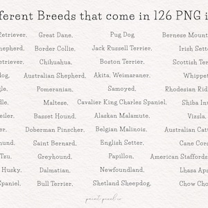 May include: A chart listing 48 different dog breeds with illustrations of a Labrador Retriever and a Golden Retriever. The text reads "48 different Breeds that come in 126 PNG images".