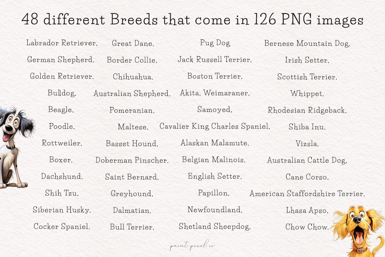 May include: A chart listing 48 different dog breeds with illustrations of a Labrador Retriever and a Golden Retriever. The text reads "48 different Breeds that come in 126 PNG images".