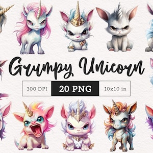 Pode incluir: Um conjunto de 20 ilustrações digitais de unicórnios rabugentos em várias poses. Cada unicórnio é retratado com uma personalidade e expressão únicas, com crinas e chifres coloridos. As ilustrações são perfeitas para adicionar um toque de fantasia e humor a qualquer projeto.