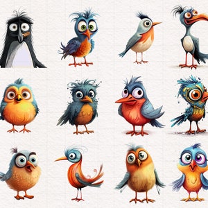 May include: A collection of 12 cartoon birds with various expressions and colors. The birds are drawn in a whimsical style with exaggerated features.
