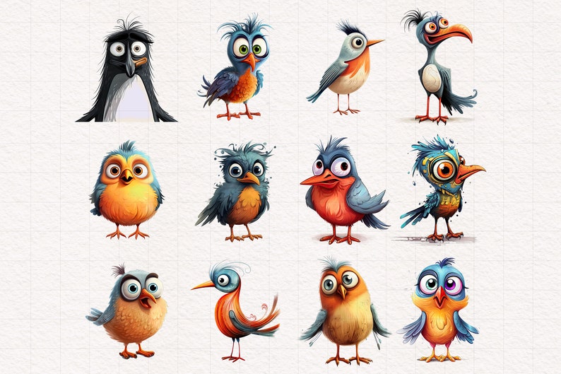 May include: A collection of 12 cartoon birds with various expressions and colors. The birds are drawn in a whimsical style with exaggerated features.