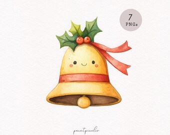 7 Watercolor Christmas Bells clipart Minimalist Holiday Decor PNG Christmas tree bells graphics Sublimation Xmas Bells Commercial Use PNG