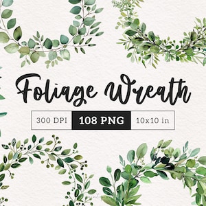 Couronne de feuillage Clipart verdure PNG illustration botanique feuilles aquarelle lierre eucalyptus fougères sublimation couronnes vertes graphiques de mariage