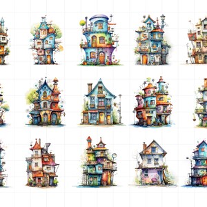 May include: A collection of 12 whimsical watercolor illustrations of colorful, multi-level houses with unique architectural details. Each house is depicted against a white background with a grid pattern.
