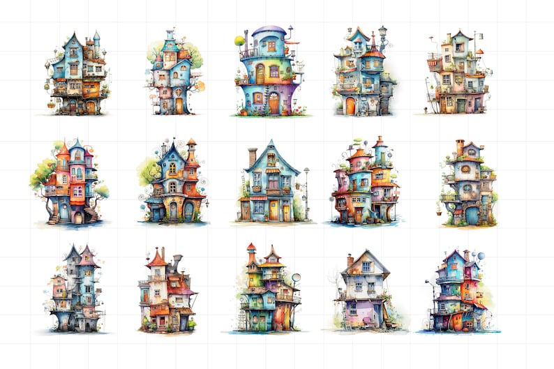 May include: A collection of 12 whimsical watercolor illustrations of colorful, multi-level houses with unique architectural details. Each house is depicted against a white background with a grid pattern.