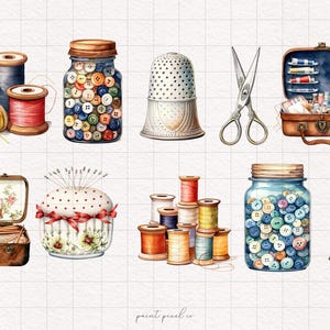 May include: A collection of vintage sewing supplies, including spools of thread, buttons, thimbles, and a sewing box. The items are arranged on a white grid background.