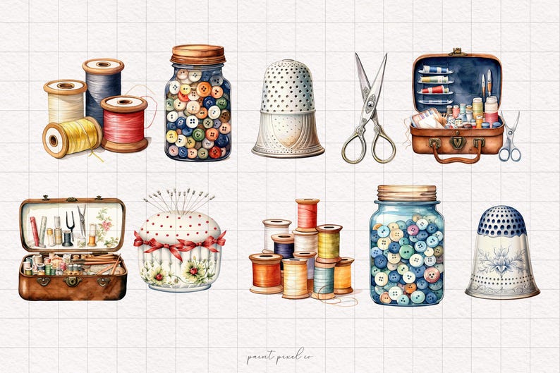 May include: A collection of vintage sewing supplies, including spools of thread, buttons, thimbles, and a sewing box. The items are arranged on a white grid background.