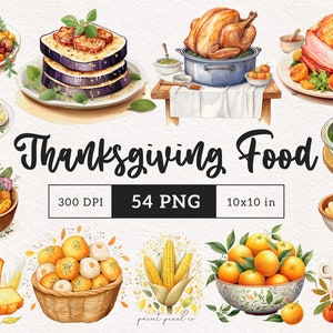 Clipart Święto Dziękczynienia Jesienne Święto Jedzenie PNG Akwarela Sezon zbiorów Pieczony Indyk Szynka Tradycyjna Kulinarna Kolacja DTF Sublimacja POD