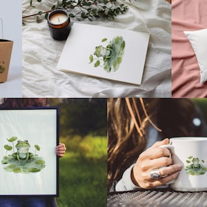 May include: A set of watercolor illustrations featuring a green frog sitting on lily pads. The illustrations are available on a variety of products, including mugs, tote bags, and pillows.