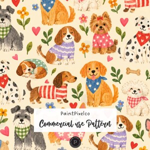Söt hund sömlös mönster färgglada valpar tröja hjärtan blommig digital papper gingham bakgrund - kommersiell användning digital nedladdning