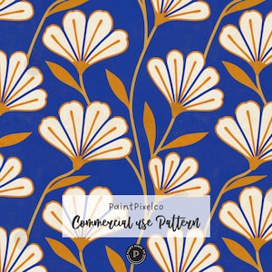May include: A repeating floral pattern featuring stylized white flowers with blue centers and orange stems on a vibrant blue background. A white rectangular overlay in the center displays the text PaintPixelco Commercial use Pattern.