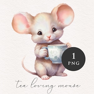 Mouse drinking tea PNG clipart vintage animal Clip art nursery adorable rodent graphics woodland PNGs Sublimation Card making Journaling