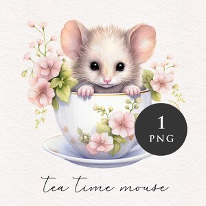 Vintage Mouse in a tea cup PNG clipart animal Clip art nursery adorable rodent cute graphics PNGs Sublimation transfer Card making Journal