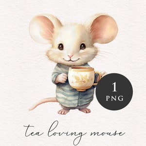 Mouse drinking tea PNG clipart vintage animal Clip art nursery adorable rodent graphics woodland PNGs Sublimation Card making Journaling