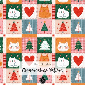 May include: A repeating pattern featuring square tiles with illustrations of orange cats, white cats, red hearts, and green or white Christmas trees on pink, green, and blue backgrounds. The text PaintPixelco Commercial use Pattern is centered.