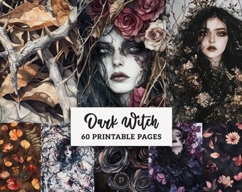 Dark Floral Witch Junk Journal Pages - Vintage Spooky Victorian Printable - Dark Fantasy Scrapbook Ephemera  - Witch Digital Backgrounds JPG