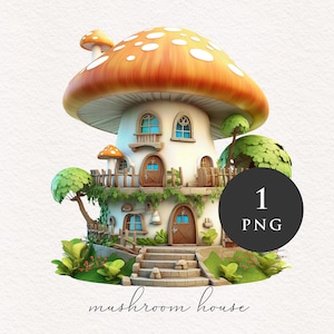 Toadstool house Aquarelle Champignon PNG clipart Orange Fantasy illustration graphique Sublimation Transfer Journal PNGs Imprimable Conte de fées