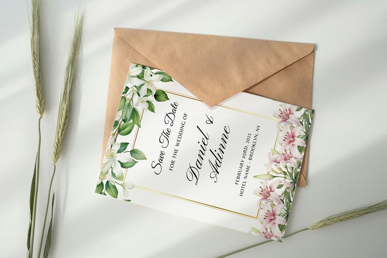 May include: Save the date card with white and pink floral designs. The text reads "Save The Date for the wedding of Daniel & Adinne February 03rd, 2021 Hotel Name - Brooklyn, NY"