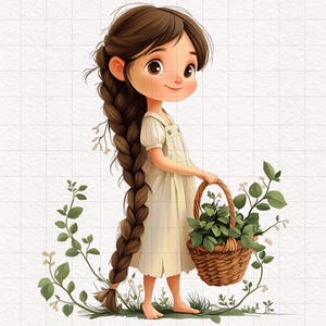 27 fille florale printanière avec une longue tresse PNG jardin fille Clipart fleurs feuillage panier sublimation papier artisanat indésirable journal kit imprimable
