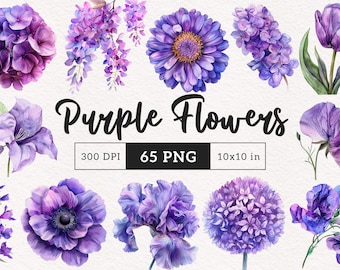 Purple Floral Clipart Watercolor Purple Flowers PNG Botanical Printable Blooms Royal flower graphic Wedding Flowers Card making Scrapbooking