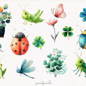 May include: Watercolor illustrations of various insects and plants, including a ladybug, grasshoppers, a butterfly, clovers, and a dragonfly. The artwork features a soft color palette with green, orange, and blue hues, perfect for nature-themed designs.