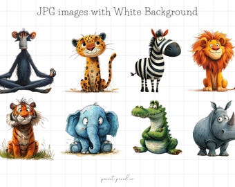 25 Quirky Safari Animals JPG Clipart Whimsical Lion Cheetah clip art Funny Savannah illustration card making Mixed Media JPGs commercial use