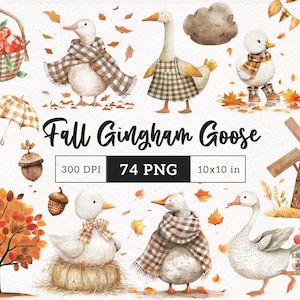 May include: Watercolor illustration with the text "Fall Gingham Goose". The image features various fall-themed elements, including geese in gingham outfits, pumpkins, acorns, and a basket of apples. The image is 10x10 inches.