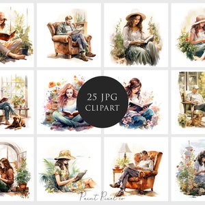 25 Ragazza che legge Clipart JPG di alta qualità clipart di libri Persone che leggono Sublimazione Giornale spazzatura Creazione di carta digitale Licenza commerciale
