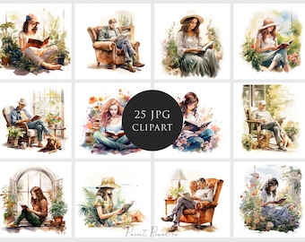 25 Girl reading Clipart High Quality JPGs book clipart People reading Sublimation Junk Journal Digital paper crafting Commercial License