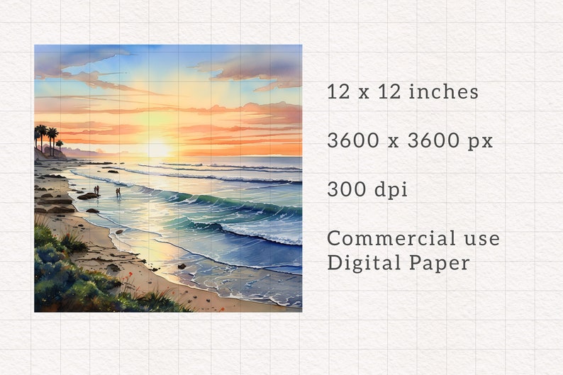 May include: A digital painting of a sunset over the ocean with palm trees in the foreground. The painting is 12 x 12 inches and 3600 x 3600 pixels at 300 dpi. It is for commercial use and is a digital paper.
