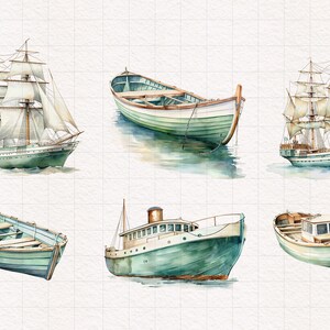 May include: A set of six watercolor illustrations of different types of boats. The boats are all painted in shades of green and brown, with white sails and wooden details. The illustrations are perfect for adding a nautical touch to any project.