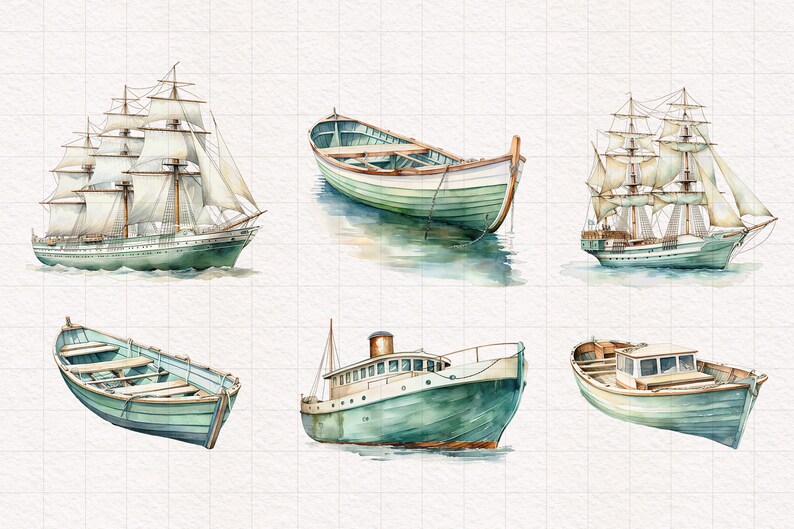 May include: A set of six watercolor illustrations of different types of boats. The boats are all painted in shades of green and brown, with white sails and wooden details. The illustrations are perfect for adding a nautical touch to any project.
