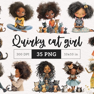 Quirky Afro Cat Girls clipart Whimsical African American PNG Funny Cat girl Whimsy people graphics cartoon girl illustration Cat lover DTF
