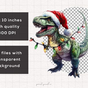 May include: A green Tyrannosaurus Rex dinosaur wearing a red Santa hat and holding a string of Christmas lights. The dinosaur is standing on a transparent background.
