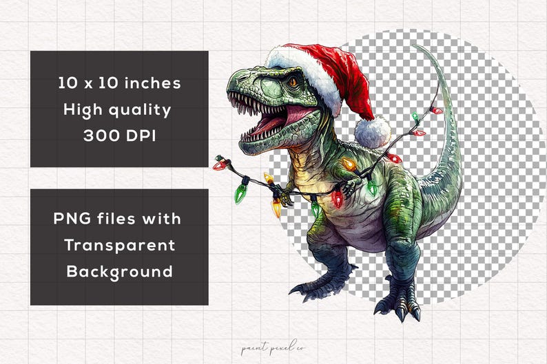 May include: A green Tyrannosaurus Rex dinosaur wearing a red Santa hat and holding a string of Christmas lights. The dinosaur is standing on a transparent background.